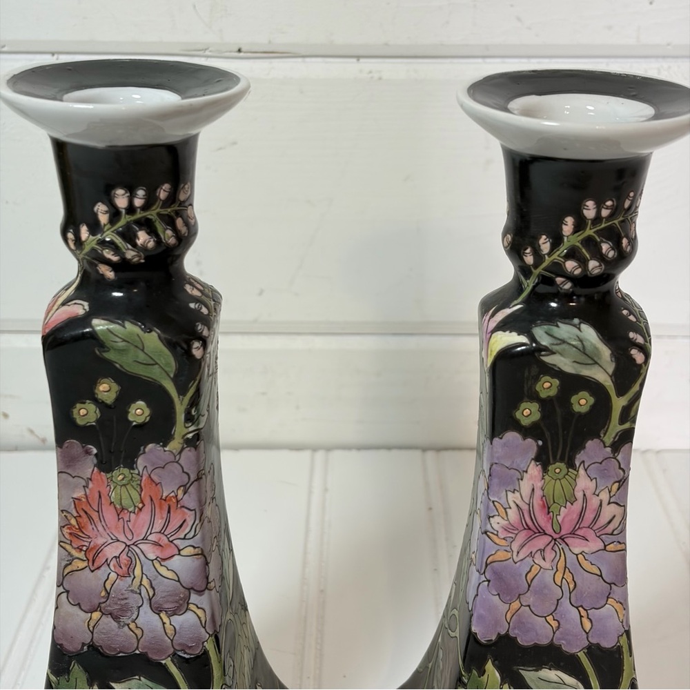 Vintage Floral Chinoiserie Macau Candlestick Holders | Set of 2 - Picture 4 of 10